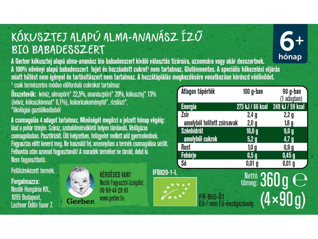 Gerber bio kókusztej alapú alma-ananász ízű babadesszert