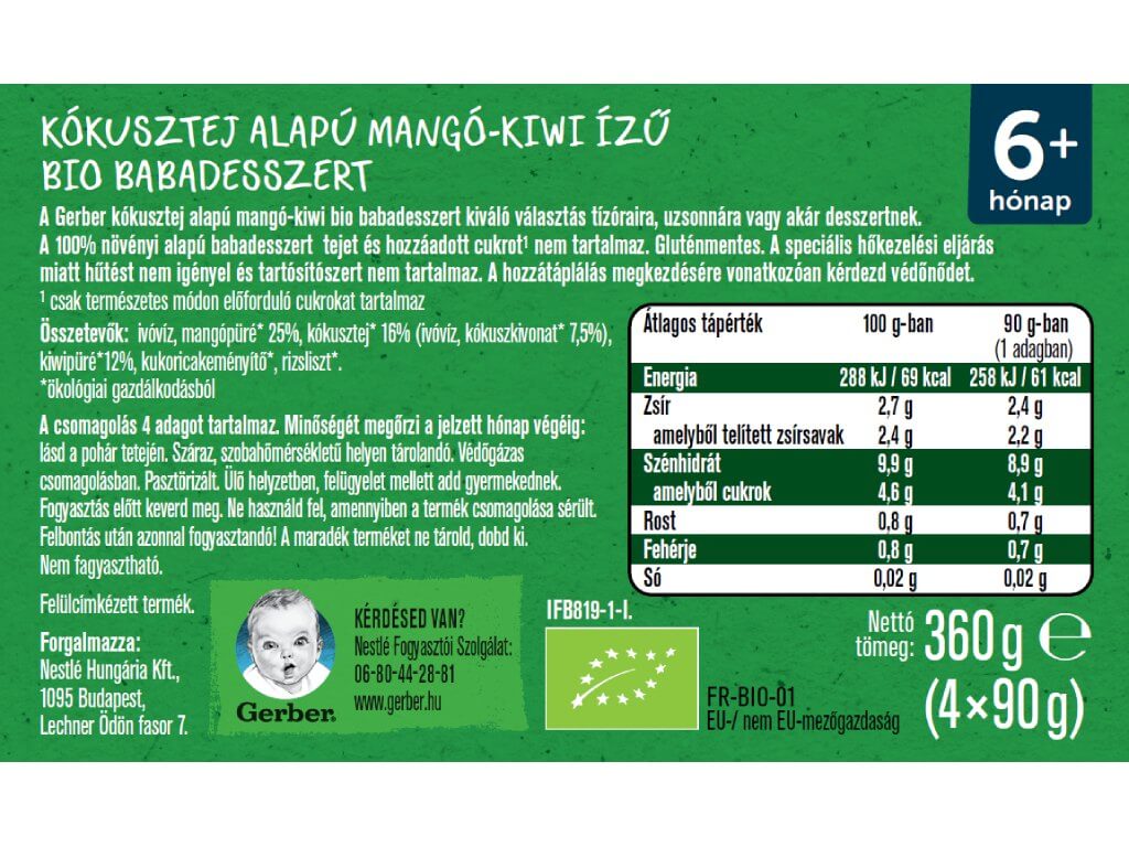 Gerber bio kókusztej alapú mangó-kiwi ízű babadesszert