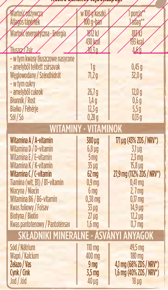 Nestlé Banános tejberizspép tápanyagok