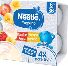 Photo of Nestlé Yogolino strawberry-banana yogurt pack with blue bear mascot