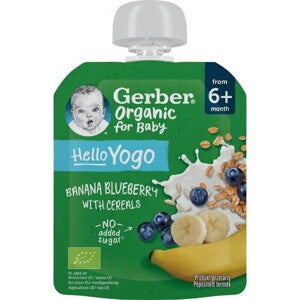 Gerber bio banán-áfonya gyümölcspüré fermentált tejkészítménnyel és gabonával