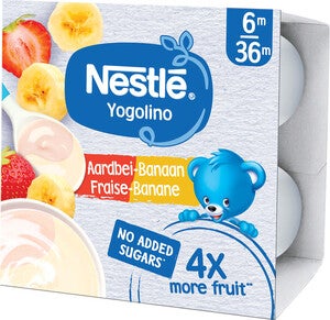 Photo of Nestlé Yogolino strawberry-banana yogurt pack with blue bear mascot
