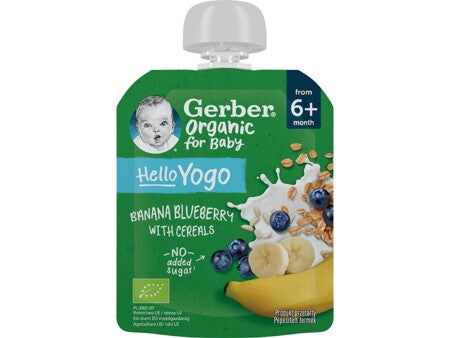 Gerber bio banán-áfonya gyümölcspüré fermentált tejkészítménnyel és gabonával Gerber bio banán-áfonya gyümölcspüré fermentált tejkészítménnyel és gabonával