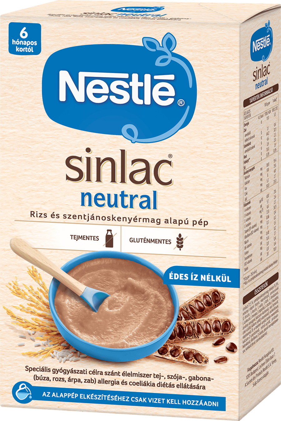 Nestlé Sinlac Neutral cereal box with bowl and wheat graphics.