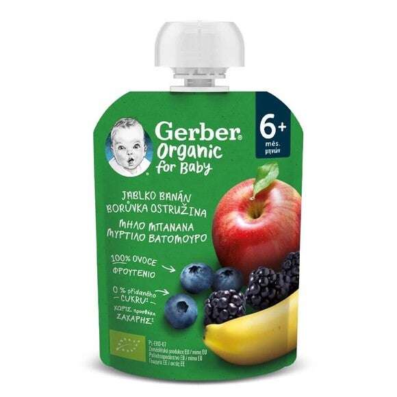 Gerber alma-banán-áfonya-szeder bio gyümölcspüré 6 hónapos kortól