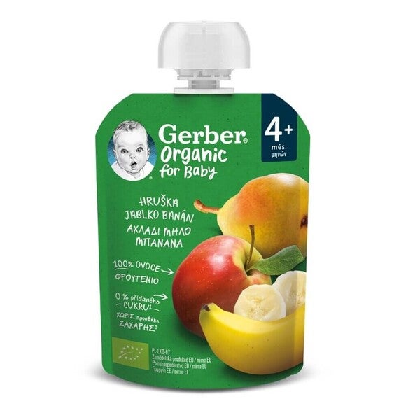Gerber körte-alma-banán bio gyümölcspüré 4 hónapos kortól